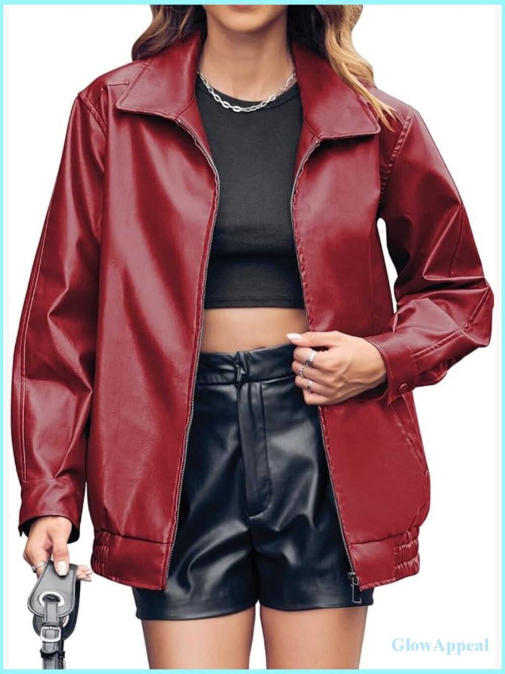 Oversized Faux Leather Bomber Jacket with Pockets, Zip Up Casual
